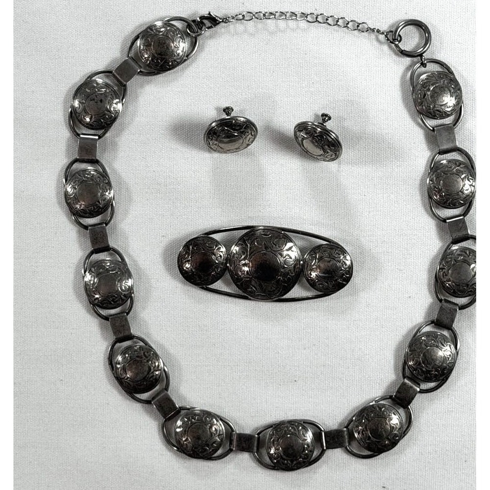 Vintage‎ Lutz Sterling Silver Link Necklace, Brooch, and Screw-Back Earrings Set